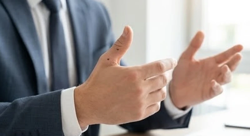 Người doanh nhân tự tin thể hiện bàn tay có nốt ruồi ở ngón cái khi giao tiếp