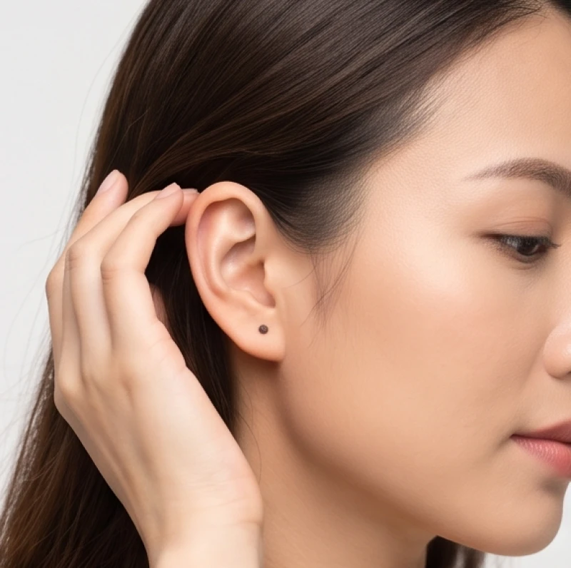 Người phụ nữ vén tóc để lộ nốt ruồi nhỏ trên vành tai phải trong ánh sáng tự nhiên