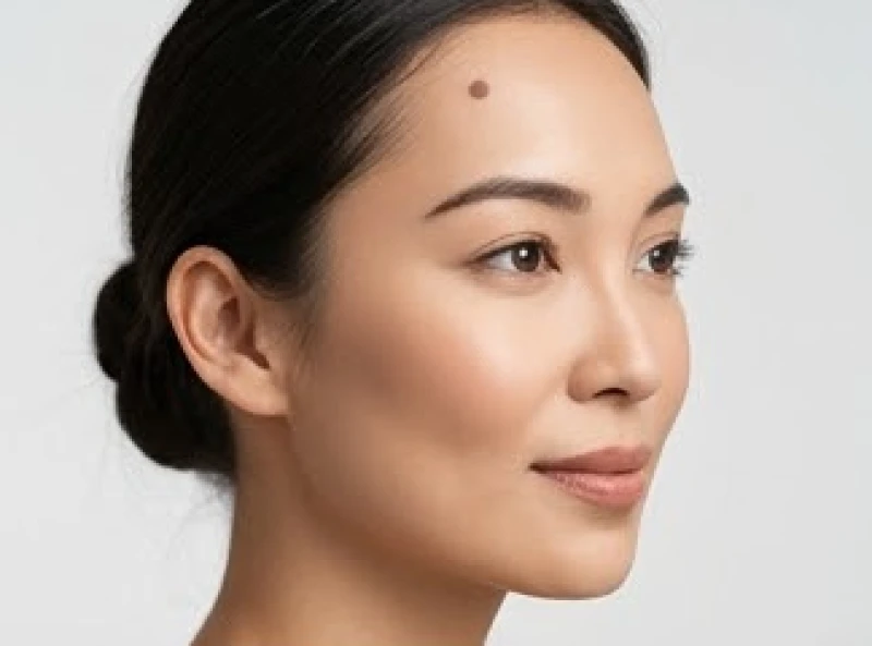 Khuôn mặt người phụ nữ có nốt ruồi bên phải trán mang vẻ đẹp hài hòa và thu hút