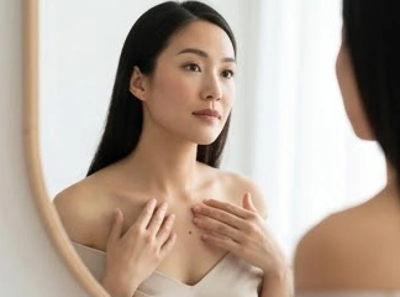 Phụ nữ soi gương và quan sát nốt ruồi ở bầu ngực để tìm hiểu về tướng số