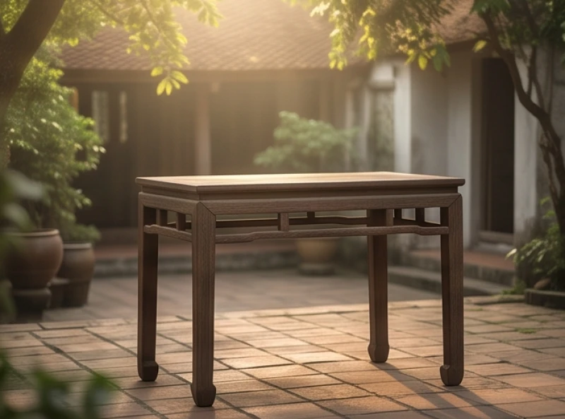 Mơ thấy bốn con rắn là điềm gì: Luận số và giải mã bối cảnh 3 Chiếc bàn gỗ cổ kính với bốn chân vững chãi đặt giữa không gian sân vườn ngập tràn ánh nắng