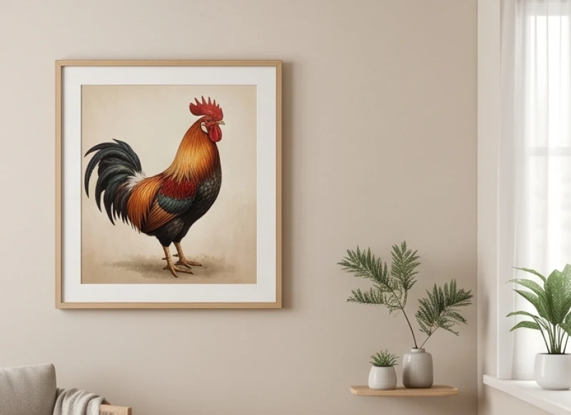 Không gian phòng khách hiện đại trưng bày tranh con gà phong thủy mang lại trường khí cân bằng