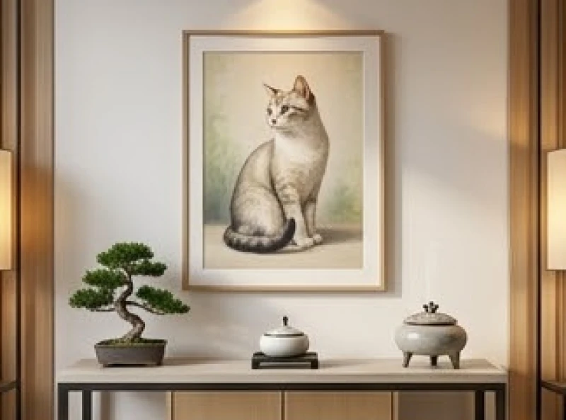 Không gian nội thất ấm cúng với bức tranh con mèo mang lại cảm giác bình hòa và thư giãn