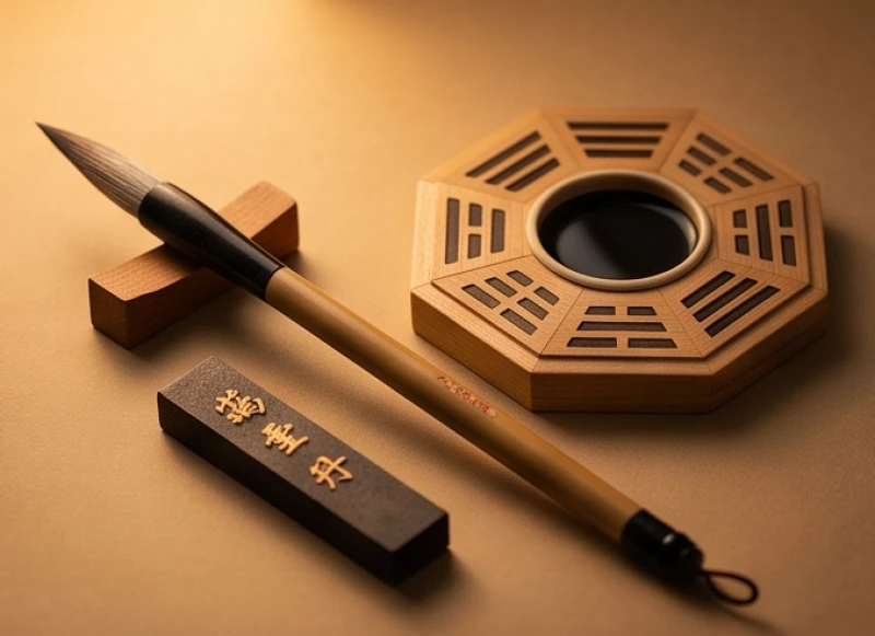 Tuổi Tỵ hợp số nào: Tra cứu ngũ hành và quy tắc chọn vị trí 2 Cán bút lông thư pháp và thỏi mực tàu đặt cạnh mô hình bát quái gỗ thể hiện sự cân bằng ngũ hành
