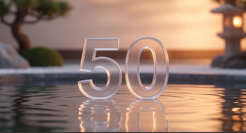 Mơ thấy số 50: Ý nghĩa điềm báo và tra cứu bộ số lộc 1 Hình khối số 50 trong suốt đặt trên mặt nước phẳng lặng phản chiếu ánh sáng