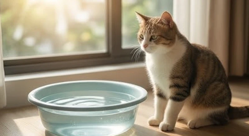 Mơ thấy tắm cho mèo: Giải mã tâm lý, điềm báo và con số tài lộc 1 Chú mèo cuộn tròn bên cạnh chậu nước trong không gian tĩnh lặng mang ý nghĩa chữa lành