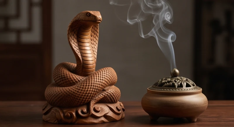 Mơ thấy nuôi rắn: Giải mã điềm báo tâm lý và bộ số phong thủy 2 Bức tượng gỗ trạm khắc hình rắn uốn lượn đặt cạnh một lư hương trầm đang tỏa khói mờ ảo