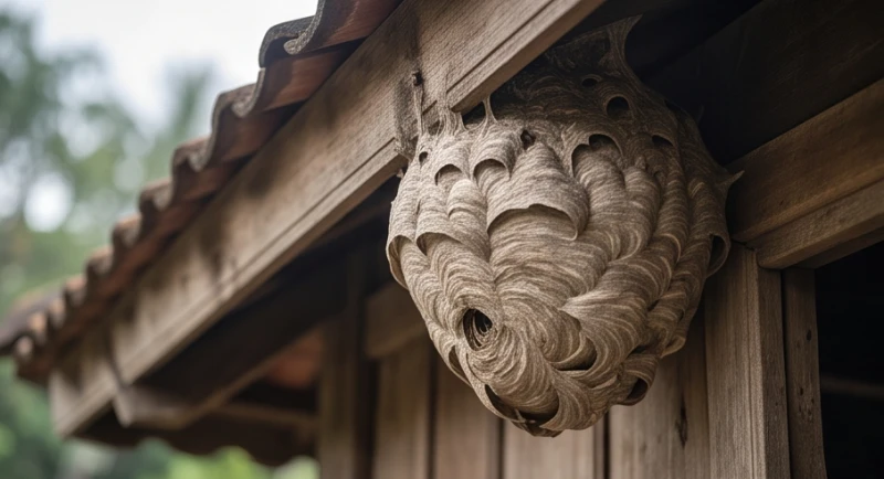 Tổ ong vò vẽ hoang dã bám chặt trên góc hiên nhà gỗ truyền thống với kết cấu tổ giấy xám đặc trưng