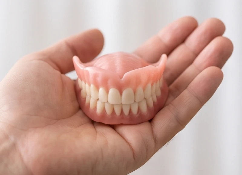 Một hàm răng giả thẩm mỹ hoàn hảo nằm gọn trong lòng bàn tay dưới ánh sáng dịu nhẹ