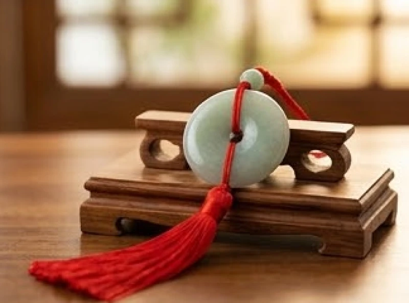 Ngọc bội tròn trịa phối cùng dây tua rua đỏ đặt trên giá gỗ truyền thống