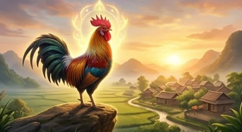 Gà trống hiên ngang đứng trên mỏm đá cao đại diện cho ngũ đức và tinh thần vượt khó của tuổi Dậu