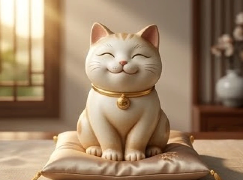Bức tượng mèo thần tài với nét mặt tươi vui và đôi mắt hiền từ tượng trưng cho sự điềm đạm