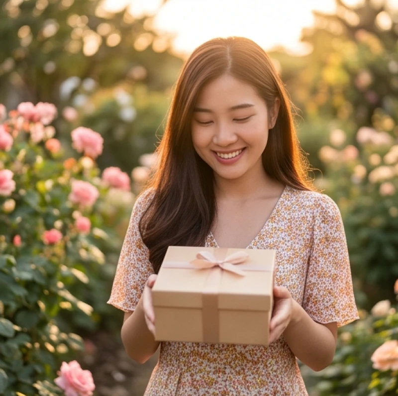 Cô gái trẻ mỉm cười hạnh phúc khi nhận được một hộp quà nhỏ bất ngờ