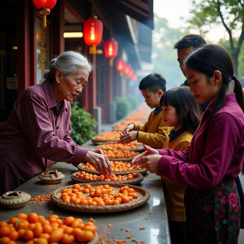 Hình ảnh người phụ nữ lớn tuổi hướng dẫn con cháu cách dâng hương, đọc văn khấn tại đền phủ