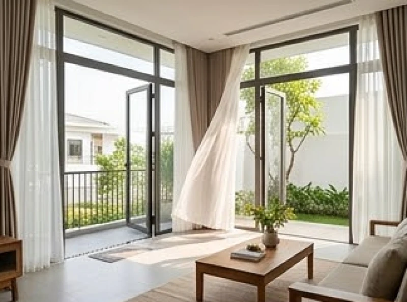 Phòng khách thiết kế mở với cửa sổ lớn giúp luân chuyển không khí và gió tự nhiên
